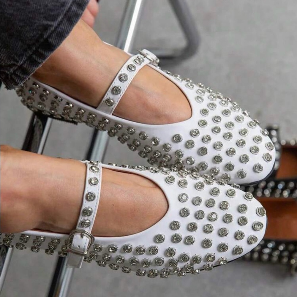Crystal Rhinestone White Mary Jane Ballet Flats